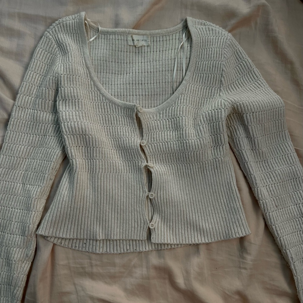 Light Cream Ribbed Button-Up Knit Top